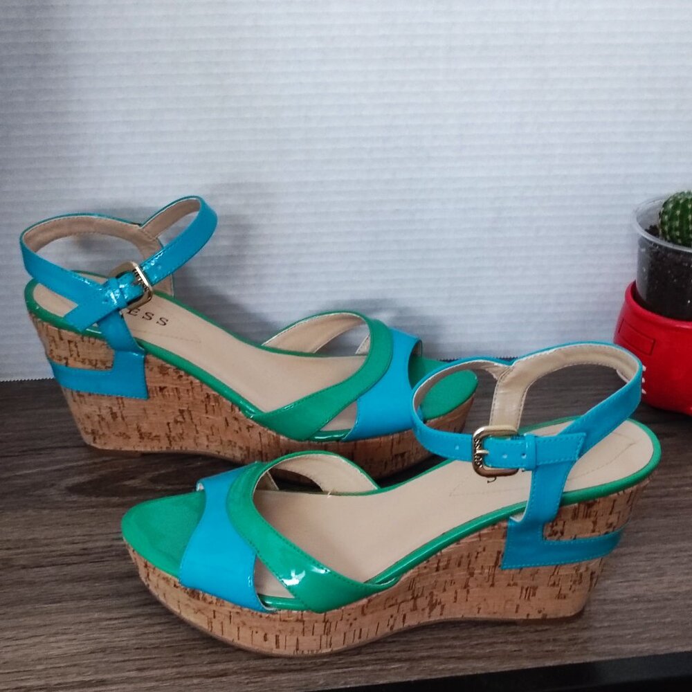 Guess wedge heel sandals blue & green cork sole women's size 8 ?